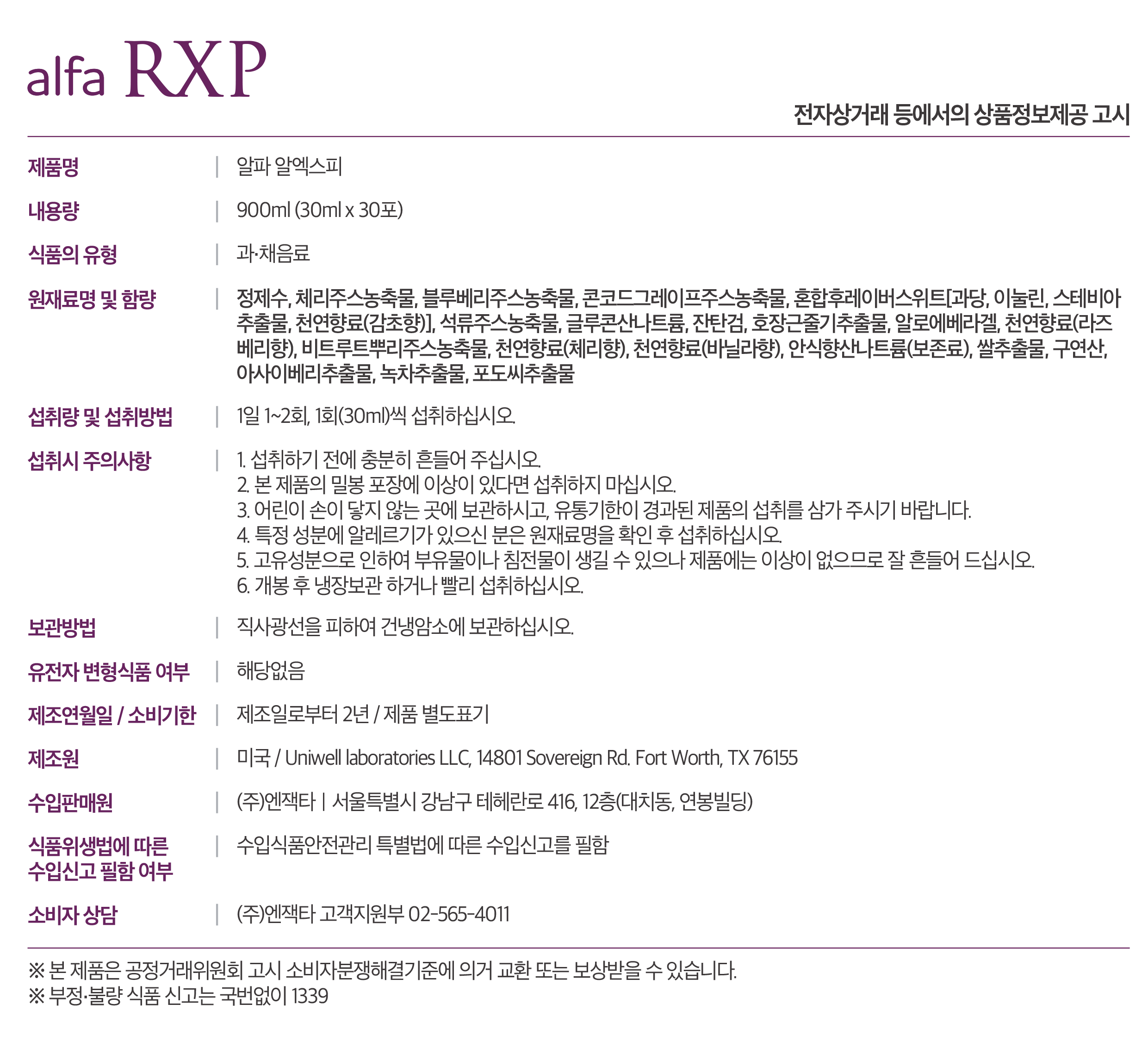 RXP Supplement Facts